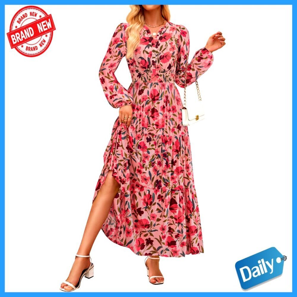 Long Sleeve Boho Floral V-Neck Maxi Dress Empire Waist Casual Wedding Guest